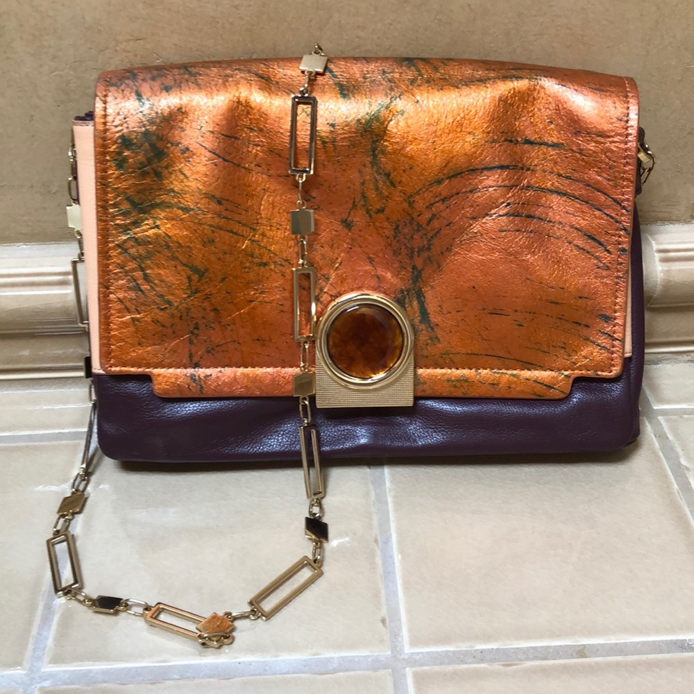 Pour La Victoire Metallic Copper and Eggplant Leather Shoulder Bag